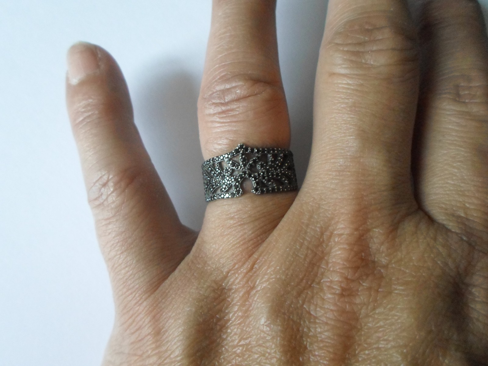 solid silver ring, openwork, paved with black zir… - image 1