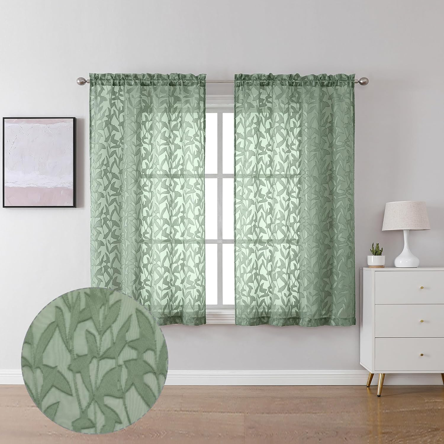 Semi Sheer Sage Green Leia Curtains 45 Inch Light Filtering Jacquard Panels