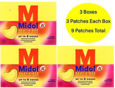 Midol Heat Vibes Pain Relief Heat Patches 9 Patches Total 3 Each Box Exp 2/2027