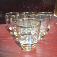 Set 6x Gold Colour Striped Vintage Drinking Glasses "France" Pattern Wearing Off
