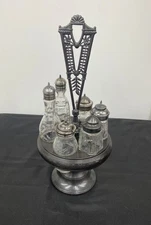 ANTIQUE ORNATE Victorian Castor Cruet Set 6 Bottle Silverplate Stand 18"