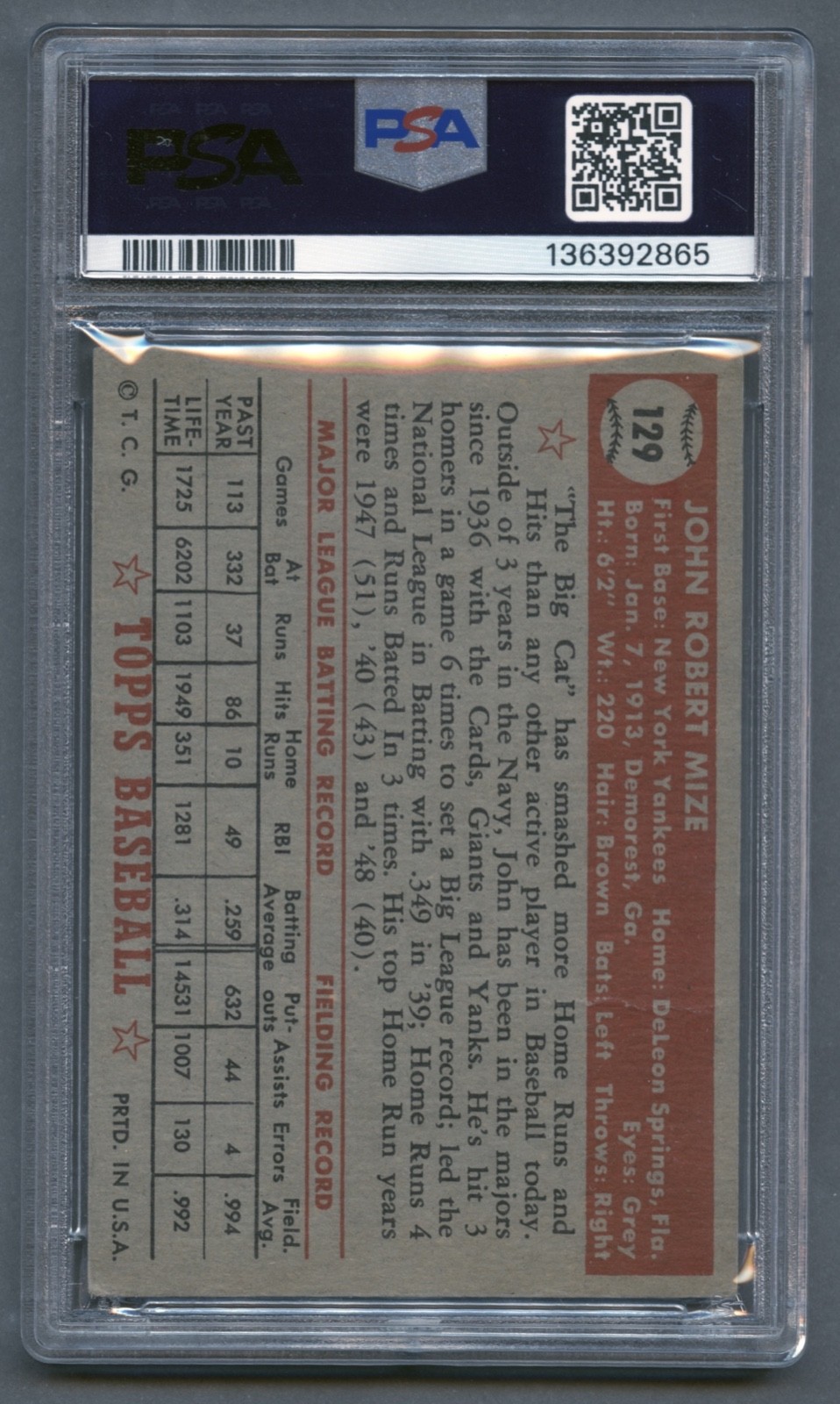 1952 JOHNNY MIZE PSA 2 GOOD TOPPS HOF NEW YORK YANKEES FLUSH COLOR (#129) RZC view 3