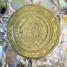 Vintage Mexican Belt Buckle Abalone Inlay Heavy Silvertone Aztec Calendar 3 1/4"