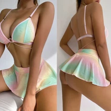 Women Sexy Lingerie Babydoll Set 3 Piece Lace Bralette, Mini Skirt with G-String