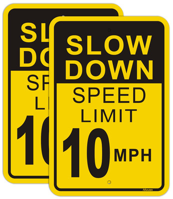 Slow down Speed Limit 10 MPH Sign (2 Pack), Metal Reflective 12'' X 18'' Rust Free