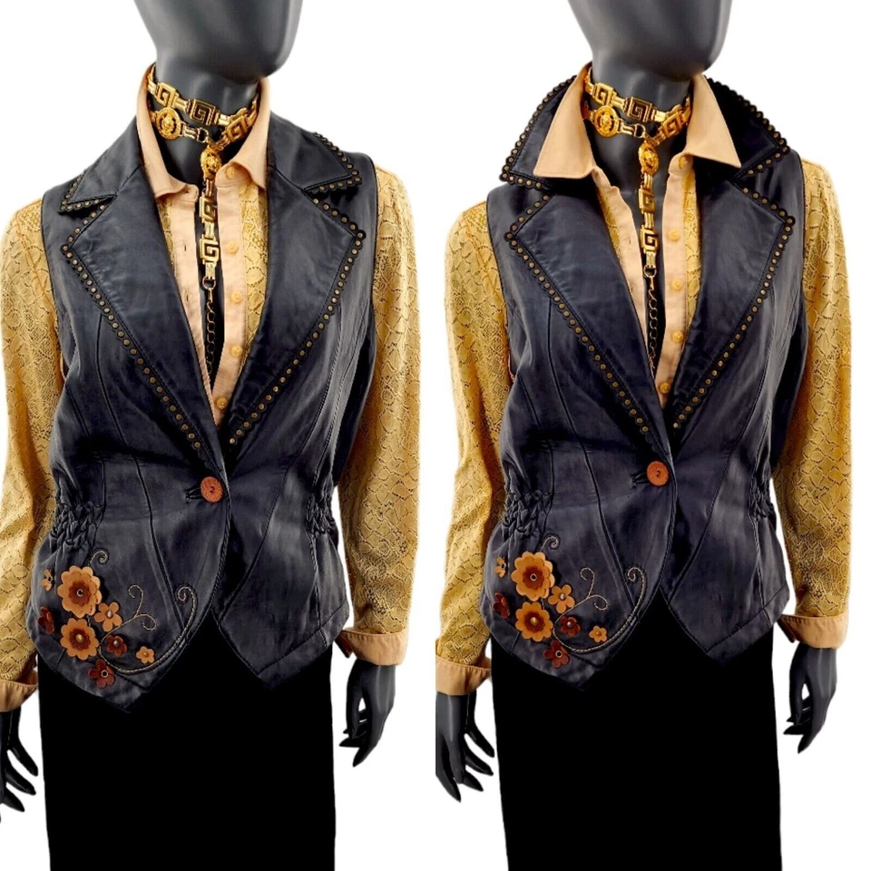 Chaleco de Cuero Wilson Gamuza Flores Cintura Ceñida Festoneado Ojal Detalle MEDIANO Foto 2 de 4