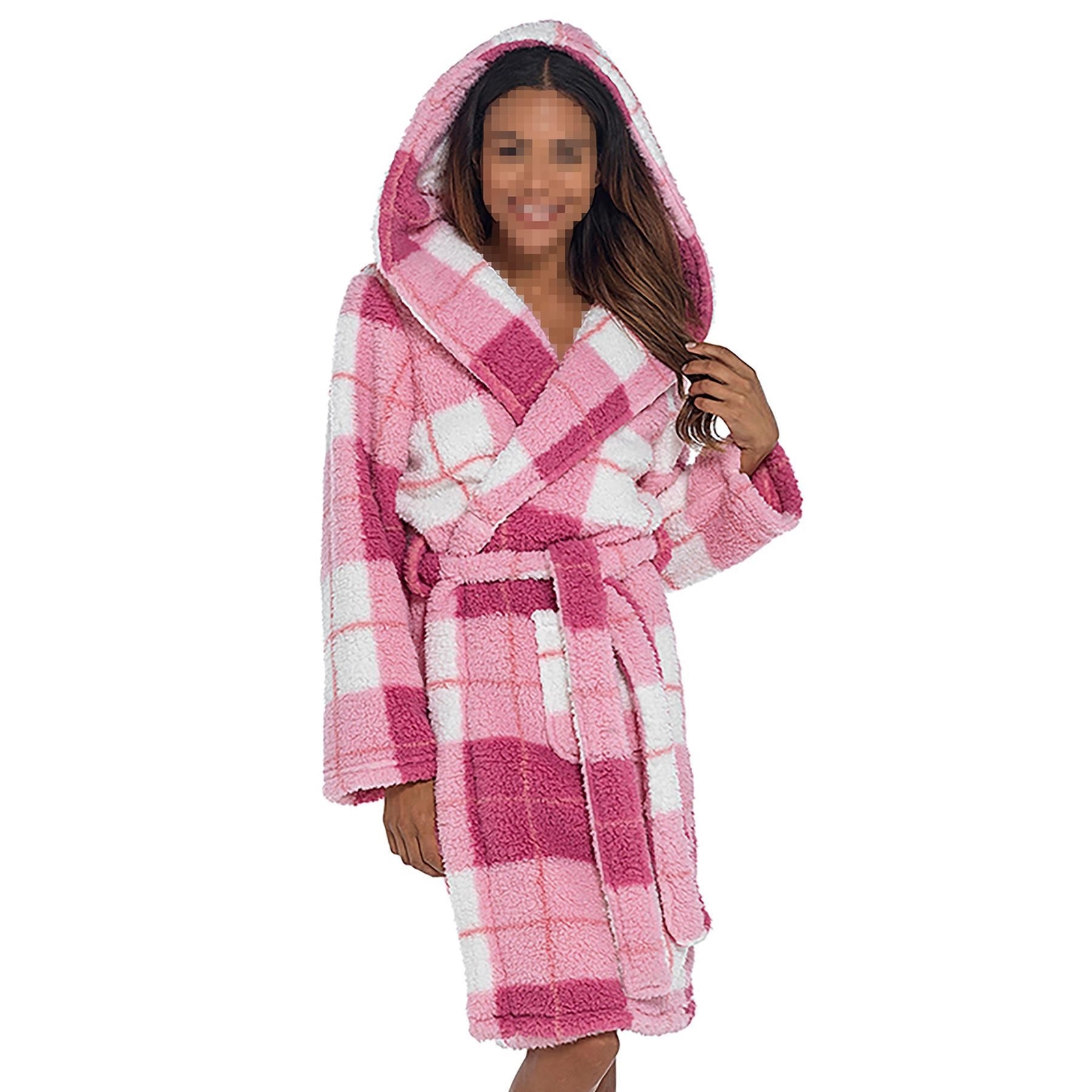 Women's Luxurious Fleece Robe Check Print Sherpa Pink Hooded Dressing