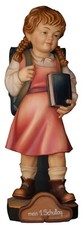 STATUA BAMBINA SCOLARA CM 15 SCOLPITA IN LEGNO DELLA VALGARDENA DECORATA A MANO