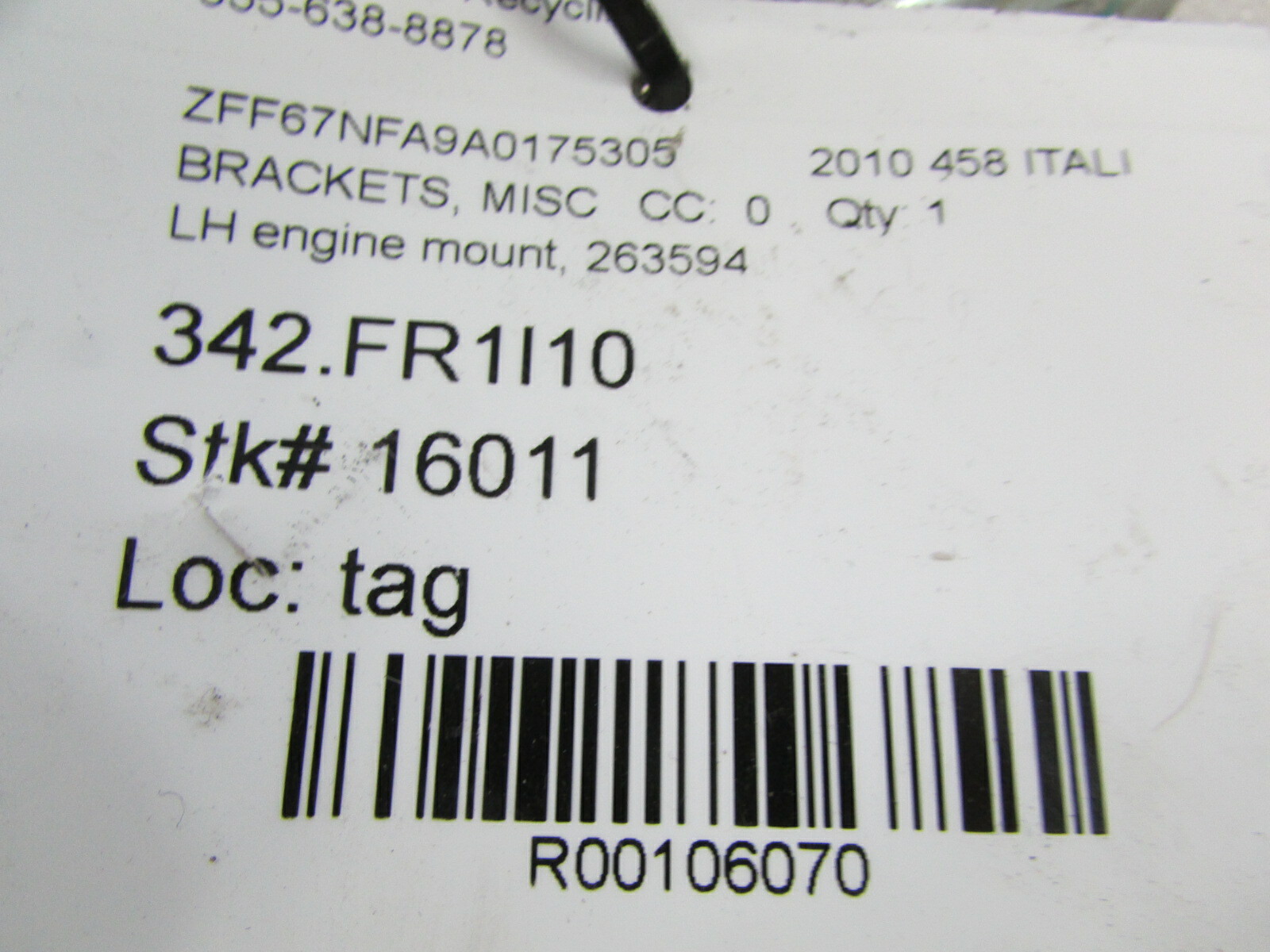 Ferrari 458 Italia, LH, Left Motor Mount Bracket, Used, P/N 263594