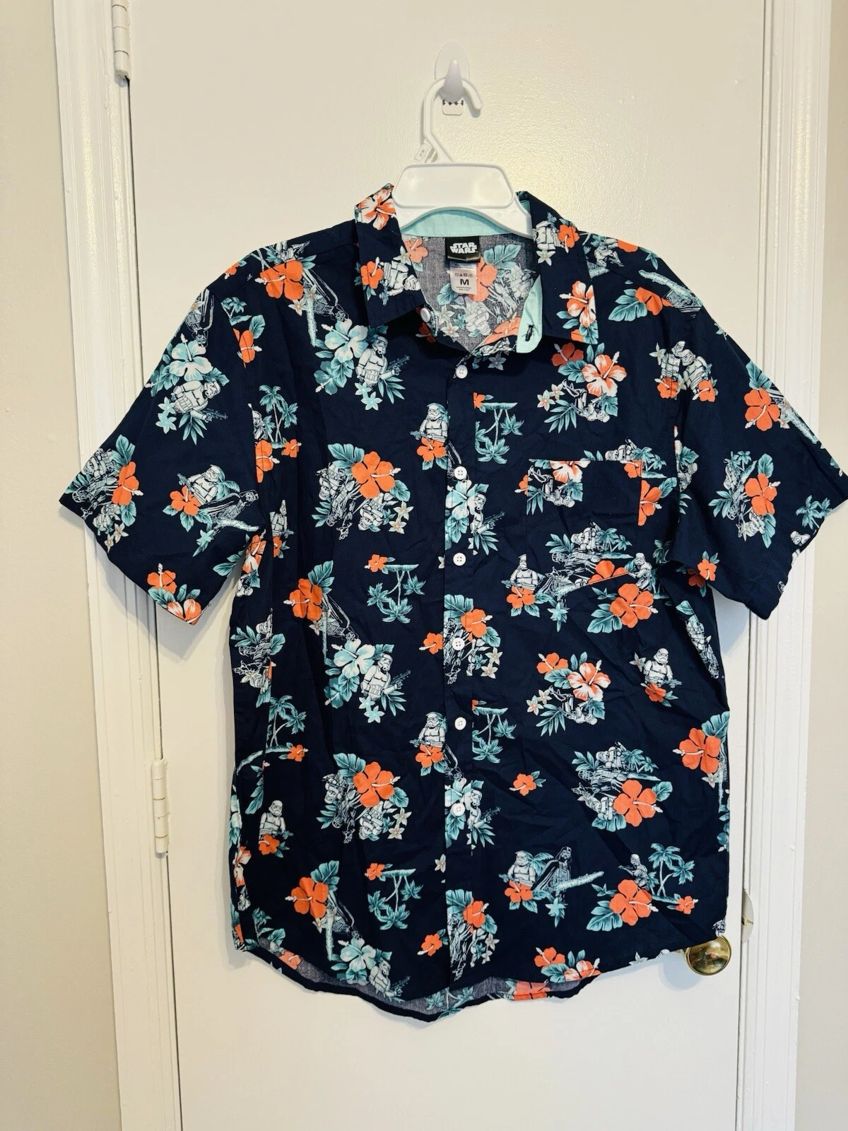 Star Wars Mens Blue Hawaiian Button Up Storm Trooper Vader Empire Size M