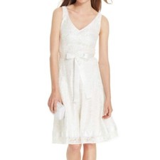TAHARI ASL~ Ivory Lace Double V Satin Belt & Trim A-Line Party Dress 14 NEW $148