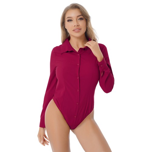 Womens Bodysuit Long Sleeve Shirt Button Down Leotard Slim Fit Jumpsuit Solid - Picture 43 of 55