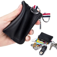 Small Leather Coin Purse Change Pouch Wallet Zipper Card Holder with 2 Key Chain