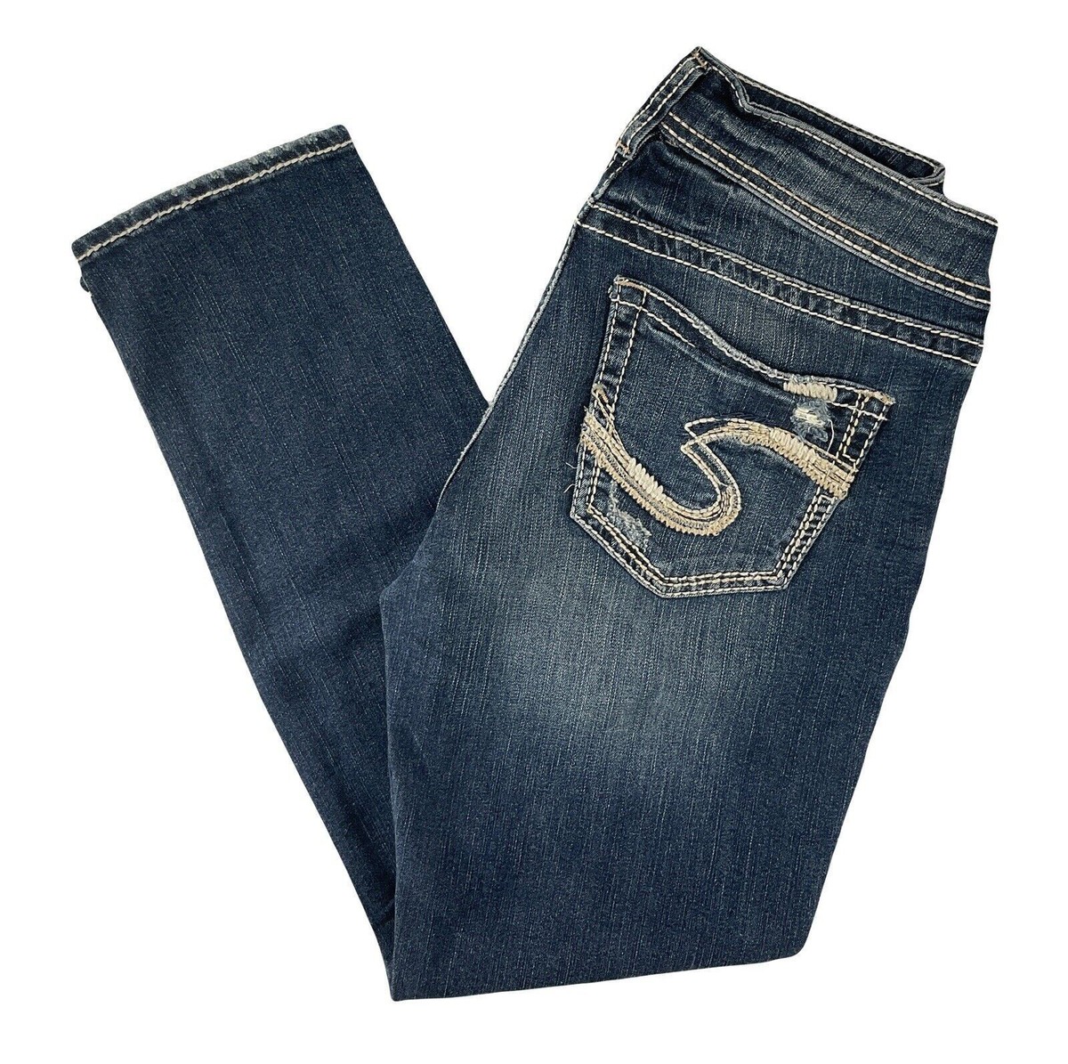 Silver Jeans Mid Rise Boyfriend Cropped Thick Stitch Distressed Stretch 27  x 27