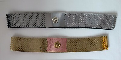 Vintage Gold & Silver Fish Scale Floral Buckle Elastic Belt Vintage Gold Fish Scale Stretch Belt - Medium, Floral Buckle  main image 2
