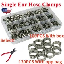 130PCS Single Ear Stepless Hose Clamps 304 Stainless Steel Ear Hose Clamps Plier