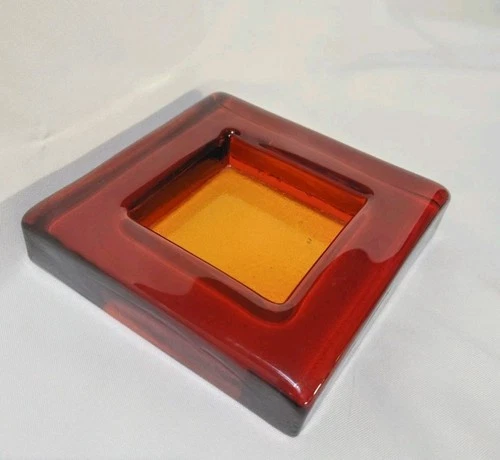 Blenko Style Square Glass Dark Amber Ashtray / Trinket Dish Rare