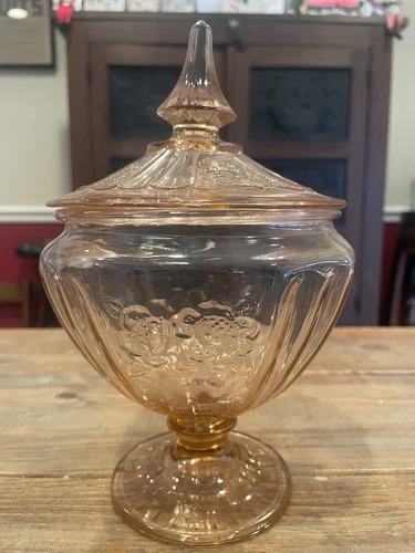 Vintage Pink Depression Glass Pedestal Candy Dish And Lid Open Rose