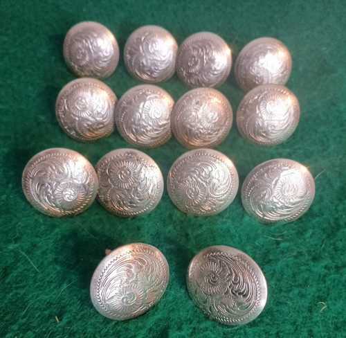 Lot of 14 German Silver Screw Back Conchos 1 1/4" Engraved, Very Nice!