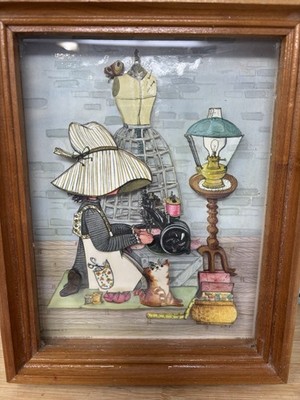 Vtg Sewing 3D Paper Art Framed Shadow Box Bonnet Cat Diorama Wall Hanging Girl