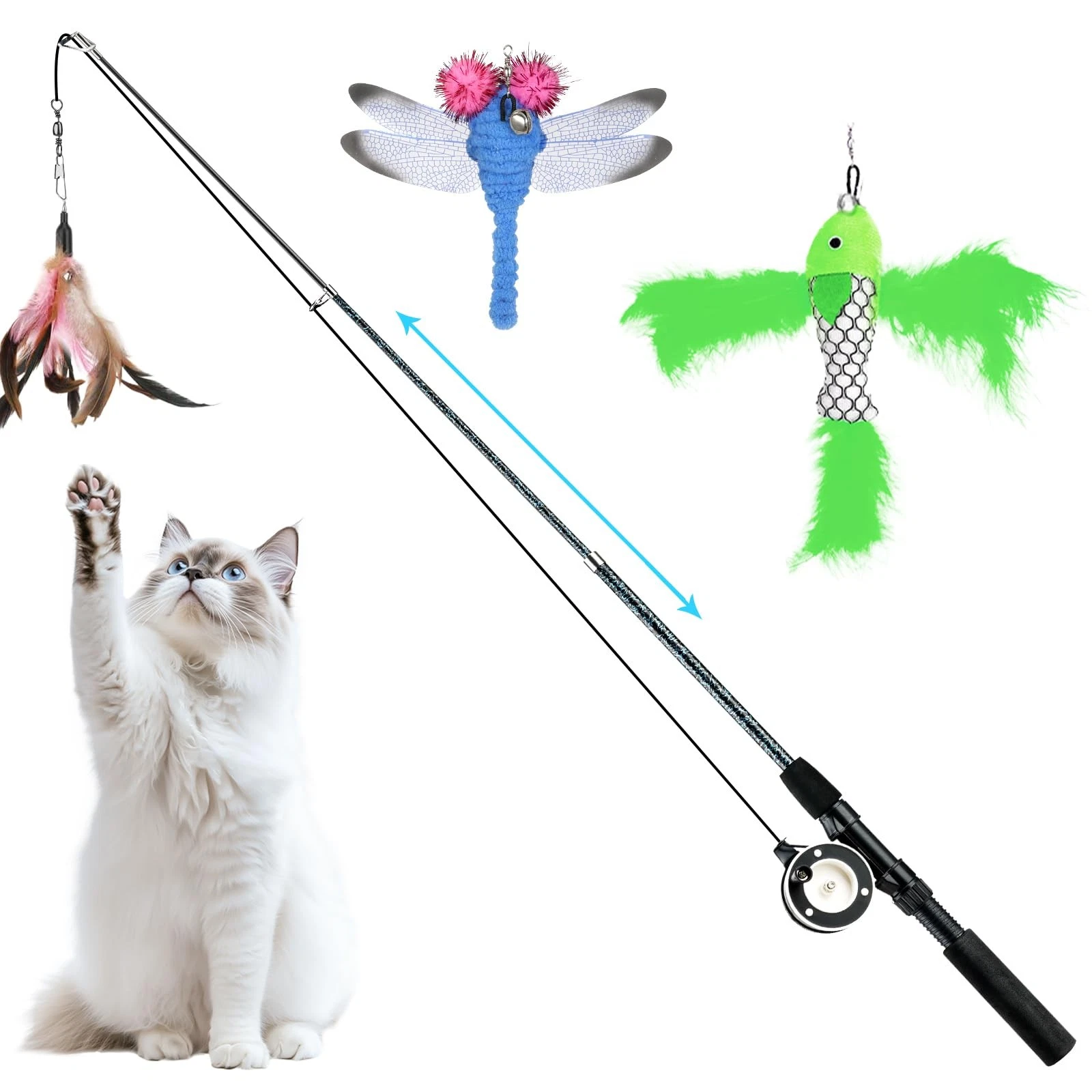 Interactive Cat Toy, Retractable Cat Fishing Rod with 3 Replacement Fishing L...