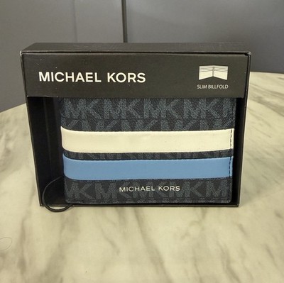Michael Kors Men's Slim Bifold Wallet Blue/White/Black Logo Stripe, $78 MSRP