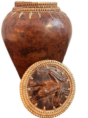 Lombok Indonesia Handmade Pottery Jar with Frog & Woven Lid 8.5'' Terracotta Vase