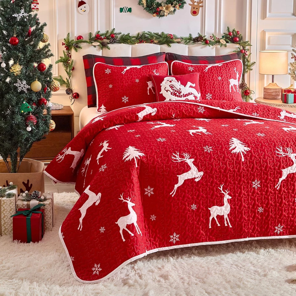 Christmas Quilt Set 2 Pieces Twin Size, White Deer and Snowflake on Red Xmas ... - Image 4 of 4