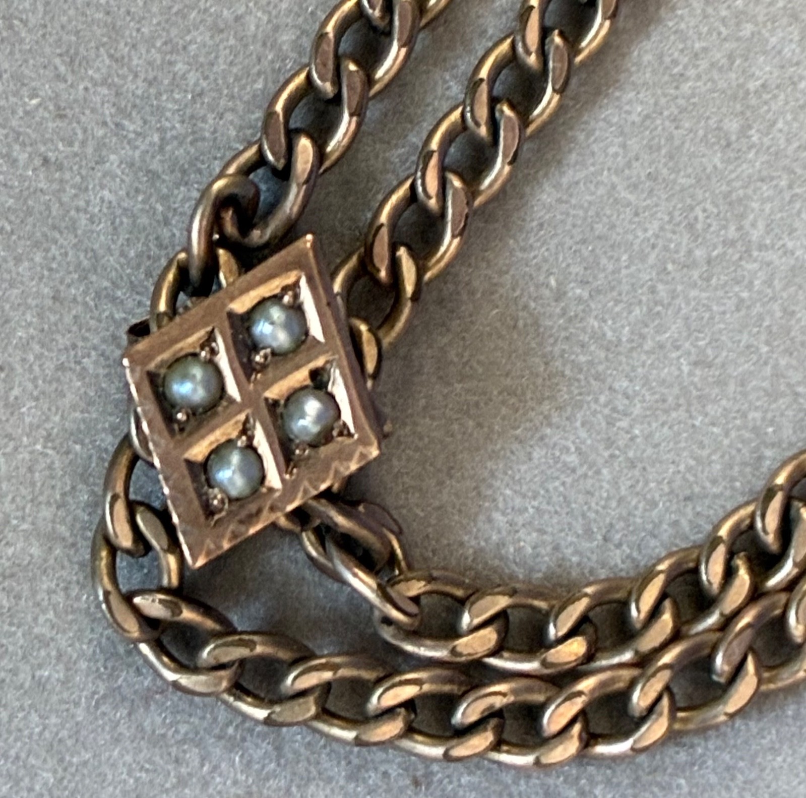 Antique 25" Gold Fill Watch Fob Chain With Pearl Slide