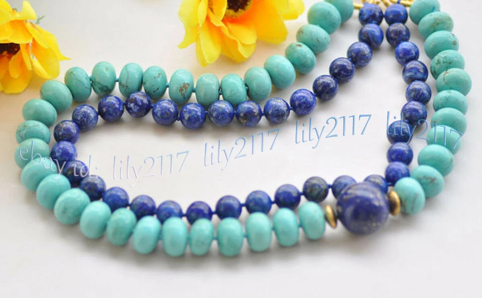 Colares redondos de lápis-lazúli 2 fileiras 5x8mm azul turquesa Rondelle Gems 17-18"" - Imagem 3 de 4