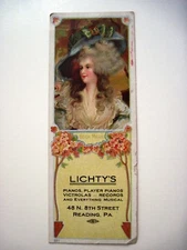 Charming Vintage Advertising Bookmark for "Lichty's Pianos" w/ Pretty Woman *