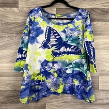 Collections Etc Blouse Womens M Blue Tie Dye Asymmetric Hem 3/4 Sleeve Artsy