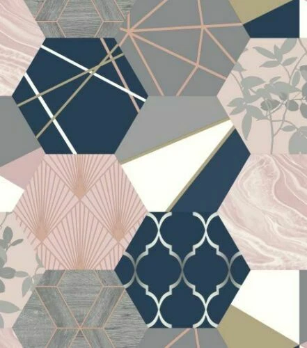 Rasch Geometric Hexagon Patchwork Wallpaper - Pink / Blue - 215908 - Picture 2 of 2
