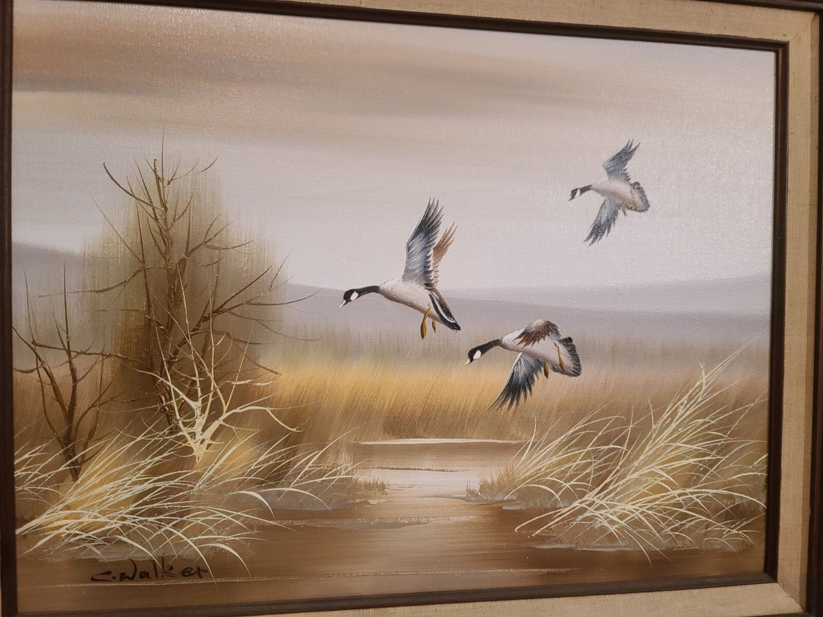 Oil Painting On Canvas Landscape W/ Three Ducks In Flight C Walker - Main Image