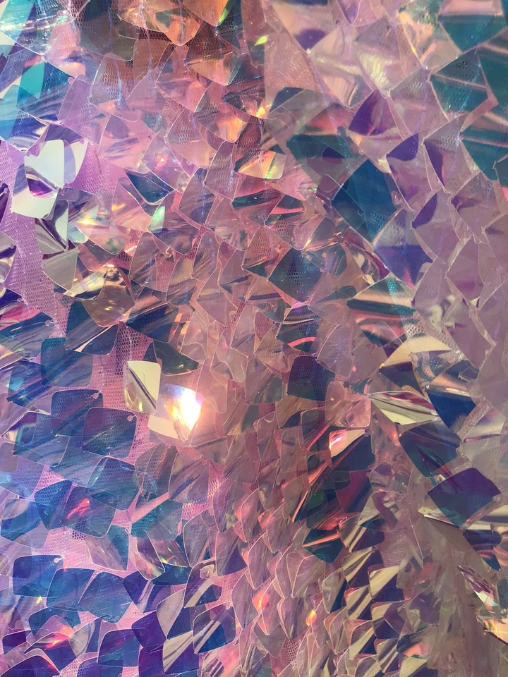 CLEAR IRIDESCENT SEQUINS-DRAGON SCALES EMBROIDER ON A MESH-SOLD BY THE YARD. - Image 3 of 4