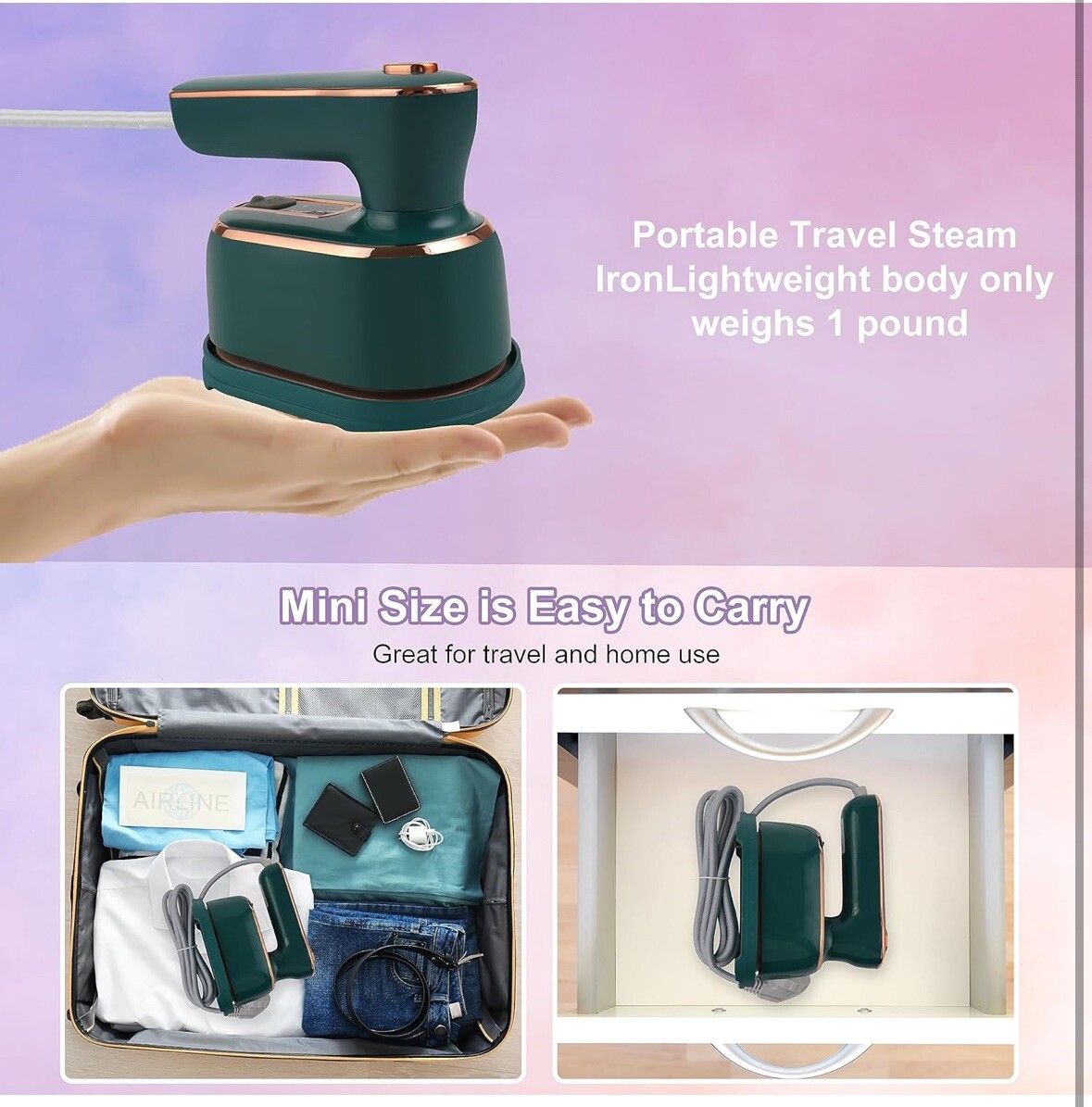 Mini Steam Iron, 1000W Foldable Handheld Travel Steamer Iron 15s Fast Heat Up