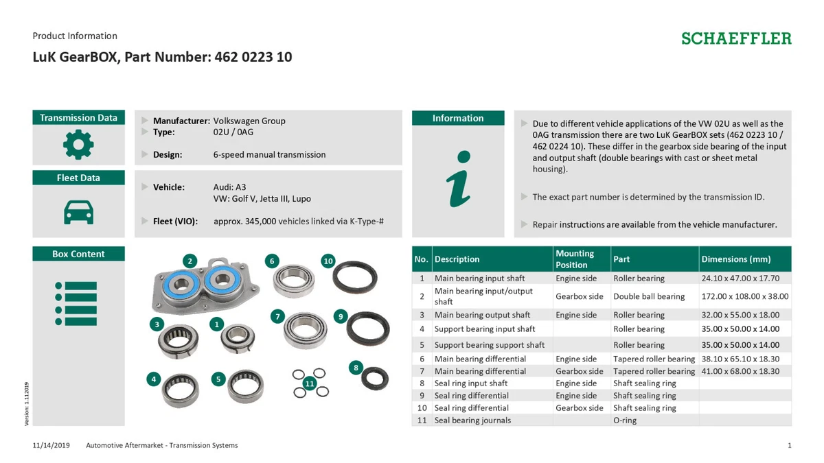 Audi A3 VW Golf Jetta Manual Gearbox Bearing Seal Rebuild Kit 02U  