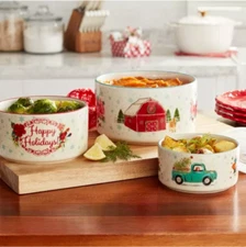 Pioneer Woman Holiday Serving Bowl Set With Lids Cheerful Rose Design BARN COW