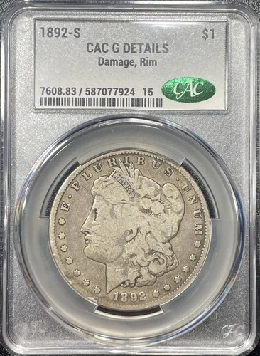 1892-S Morgan Silver Dollar $1 CAC Good Details Rim Damage