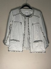 Chico's Womens Jacket Blazer Gray cream snake animal print trim Sz M linen blend