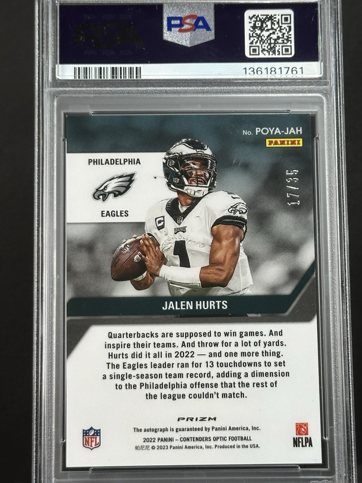 JAYLAN HURTS AUTO /35 2022 CONTENDERS OPTIC PLAYER OF THE YEAR #POYAJAH PSA 8/10 view 2