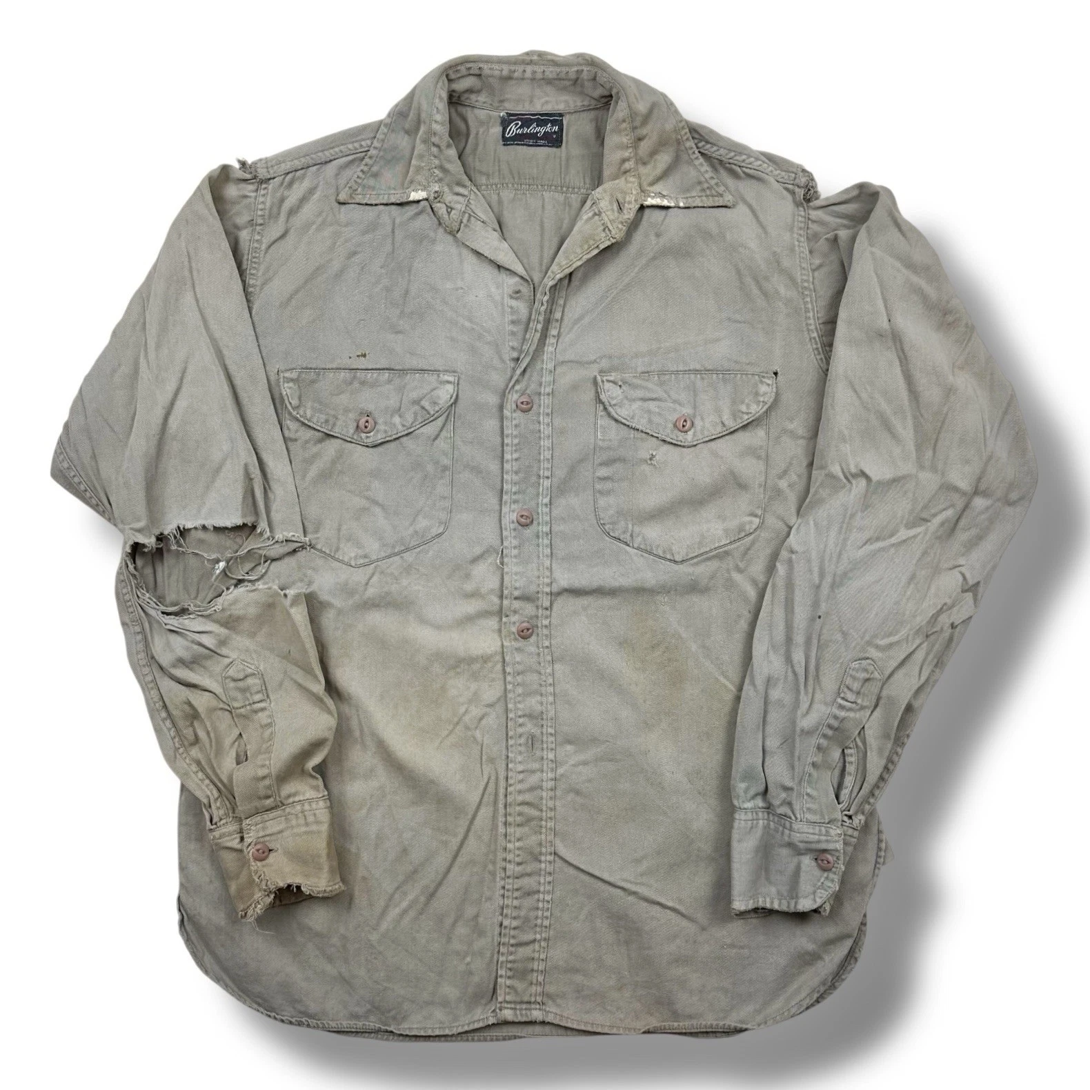 Vintage 40s Burlington Overall Distressed Canvas Work Shirt Sanforized Medium