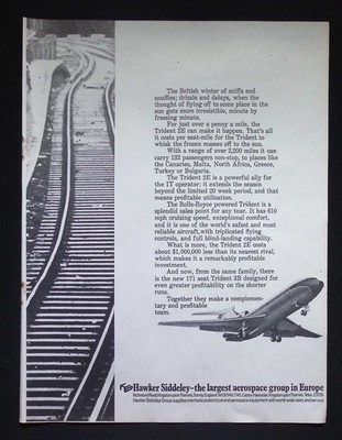 Original 1968 Reklame Hawker Siddeley Trident 2E und 3B Flugzeug