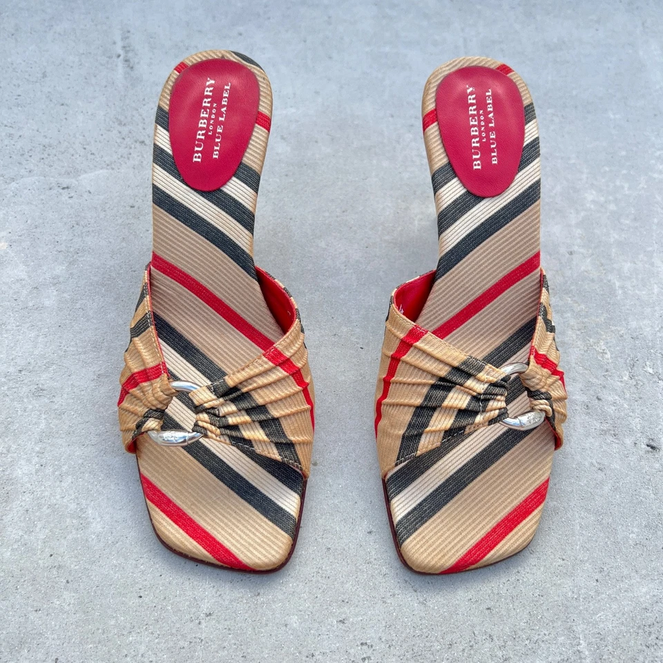 Burberry | Authentic Vintage Burberry Pattern Silver Hardware Wedge Mules (38) - Image 2 of 4