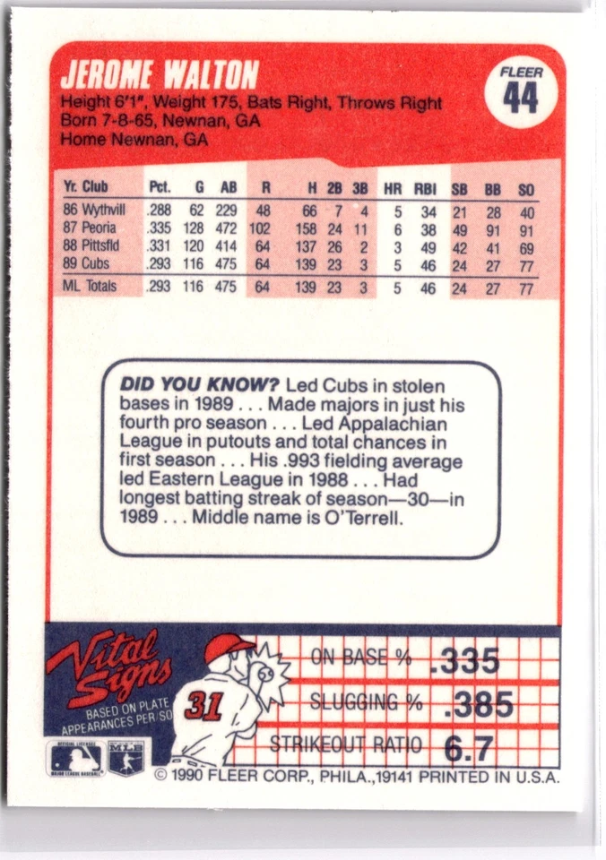 Jerome Walton Base 1990 44 NM - Image 2 of 2