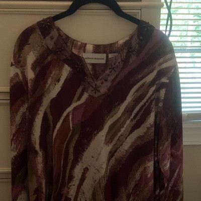 Alfred Dunner Women's L Purple Brown Beige Abstract Knit Stretch Beaded Neck Top
