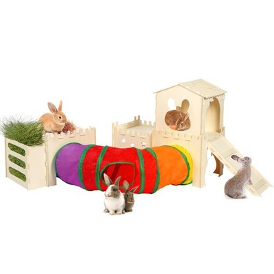 Extra Large Wooden Rabbit Hideout with Tunnels and Hay Feeder - Multistory Bu...