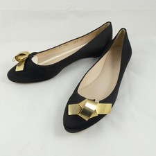 Emporio Armani Black Satin Ballet Flats With Gold tone Metal Bow EU Size 37 Uk 4
