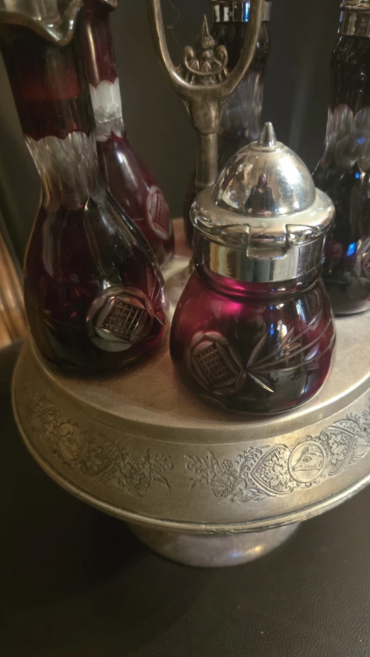 vtg M. Jaccard Silver Plate & Ruby Glass Antique Bohemian Ruby Etched Cruet Set  - Image 4 of 4