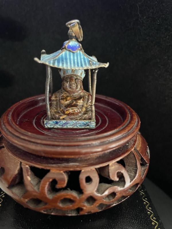 ANTIQUE CHINESE EXPORT ENAMEL PAGODA  with CARVED TIGER EYE BUDDHA  SILVER